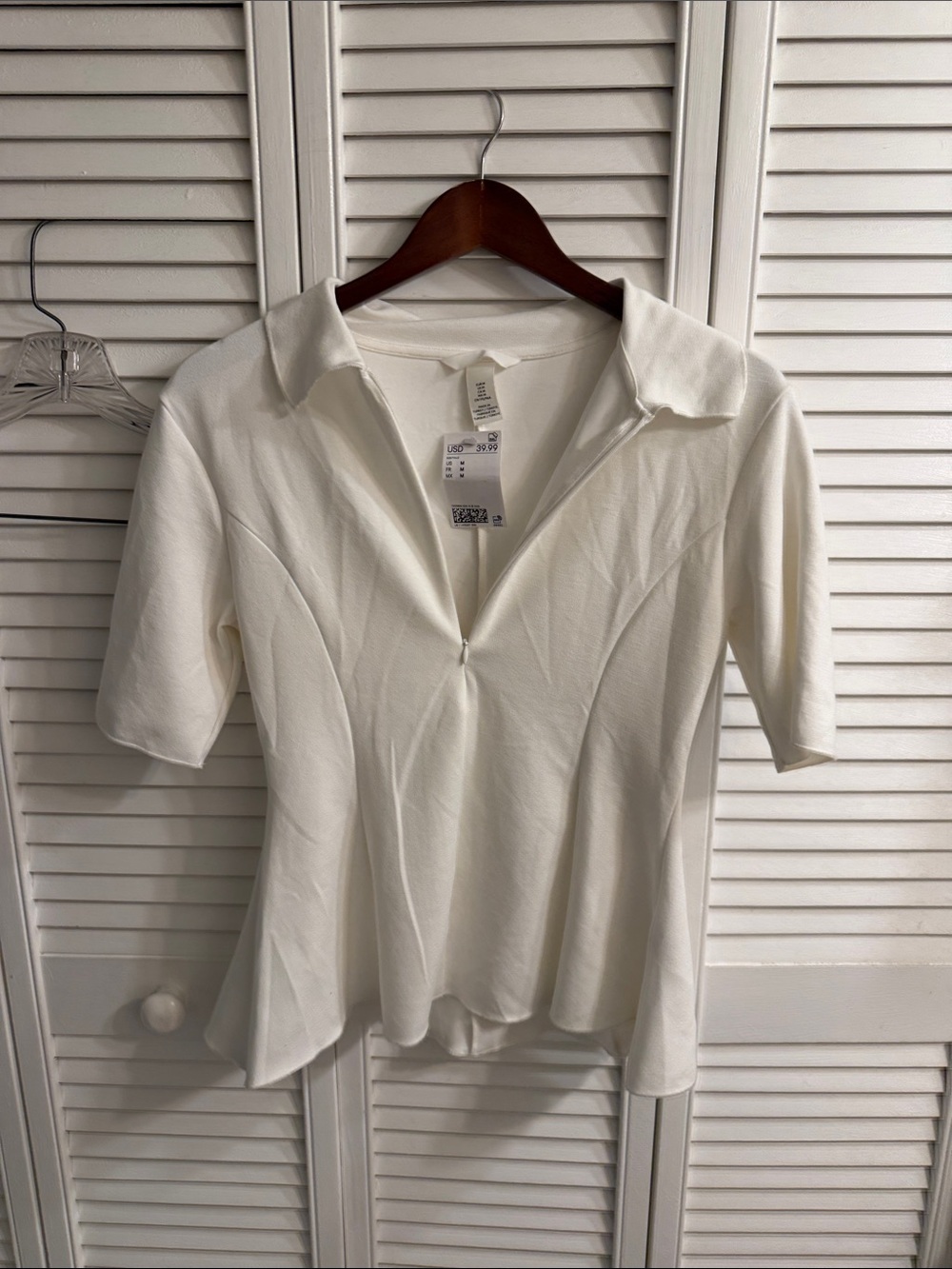 H&M Cream Short-Sleeve Polo Top with Front Zip